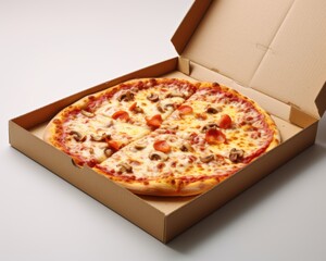 Tasty pizza in open cardboard boxe. Delivery concept