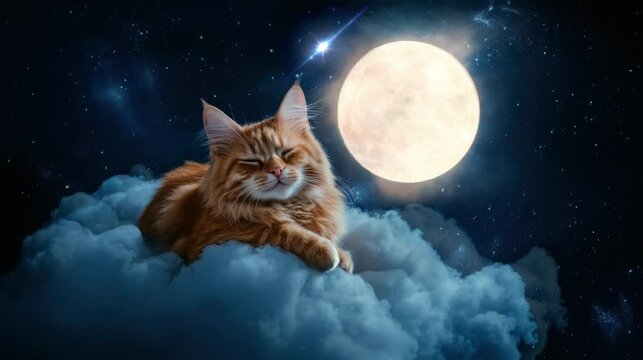 a cute orange cat sitting relaxed on a cloud on a beautiful full moon night. seamless looping time-lapse virtual 4k video Animation Background.
