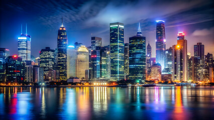 Obraz premium Night city skyline with illuminated buildings and glowing lights , urban, cityscape, architecture, skyscrapers, night scene