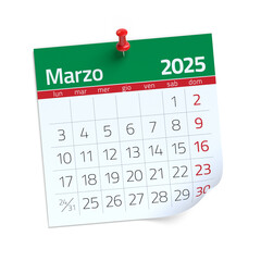 March Calendar 2025 in Italian Language. Isolated on White Background. 3D Illustration