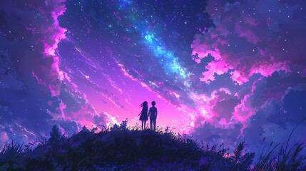 Fototapeta premium A serene silhouette of a couple gazing at a vibrant, star-filled sky.