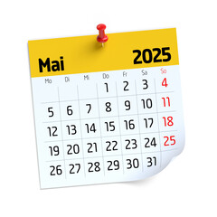 May Calendar 2025 in German Language. Isolated on White Background. 3D Illustration