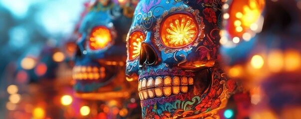 Fototapeta premium Colorful Sugar Skull with Lights and Bokeh