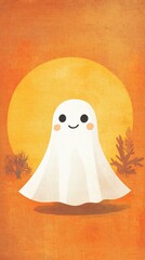 Cute retro ghost illustration with flowing cloth, Halloween nostalgia with spooky charm.