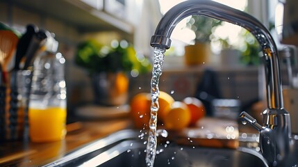 A water tap and an orange kitchen surface with citrus juice