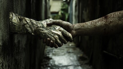 A handshake where one hand is made of money, set in a dark alley, symbolizing corrupt and unethical dealings.