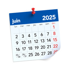 June Calendar 2025 in French Language. Isolated on White Background. 3D Illustration