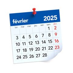 February Calendar 2025 in French Language. Isolated on White Background. 3D Illustration