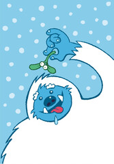 Slobbering Abominable Snowman holding a up piece of Mistletoe for a Festive Kiss