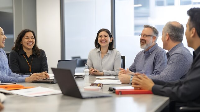 Diverse team of professionals laughing and discussing around a conference table