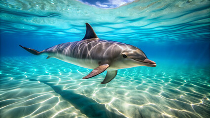 Obraz premium Beautiful dolphin swimming gracefully in crystal clear water, ocean, marine life, aquatic, mammal, intelligent, wild