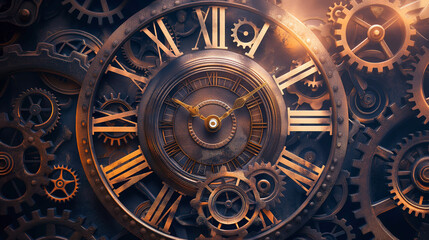 Intricate Vintage Clock with Dynamic Mechanical Design and Roman Numerals