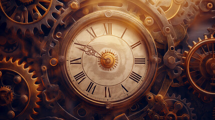 Intricate Vintage Clock with Dynamic Mechanical Design and Roman Numerals