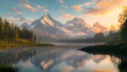 Fototapeta premium Nature Bliss: A serene mountain landscape with a lake reflecting the snowy peaks at sunrise