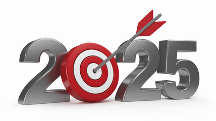A 3D representation of the year 2025. The number '2025' is depicted in a metallic gray color, while the target symbol within it is colored red and white. An arrow is piercing the bullseye