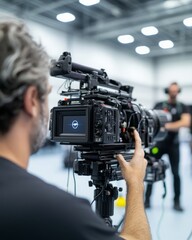 A filmmaker operates a high-end camera during a professional shoot, capturing cinematic moments in a studio setting.