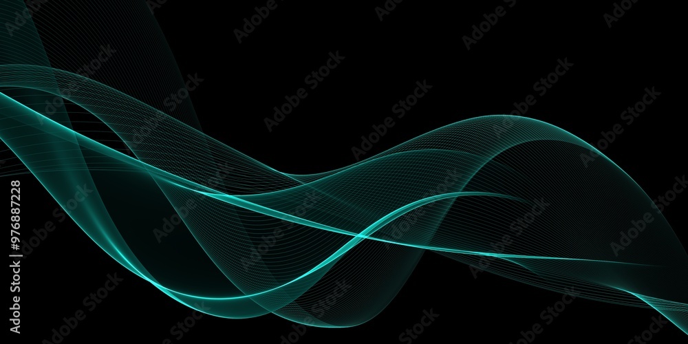 Poster dark abstract background with glowing green wave. shiny moving lines design element. elegant dynamic