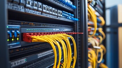 Skilled IT Professional Troubleshooting Network Connections in Server Rack with Organized Cable Management