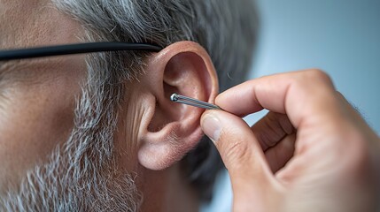 An older person with gray hair and glasses has a small device inserted into the ear canal by a hand, highlighting a precise health procedure.
