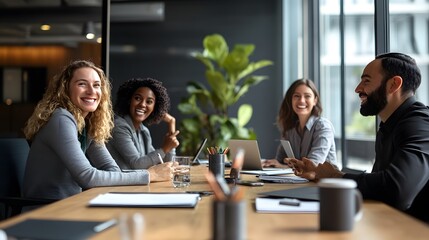 Diverse team of business professionals collaborating and smiling during a meeting.