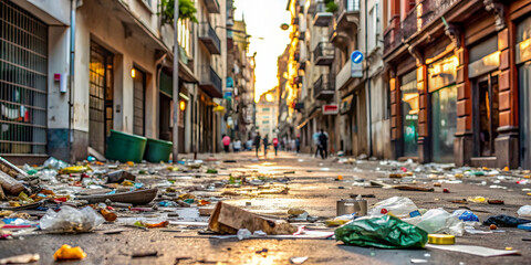 Scattered debris and litter on a city street with broken glass and discarded items , urban, street, garbage