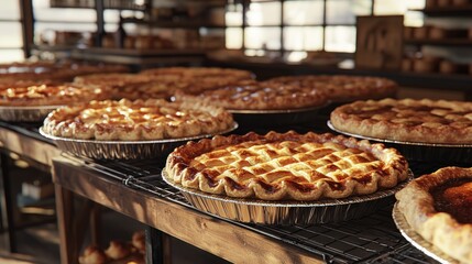 Freshly baked pies with flaky crusts cooling on racks in a country bakery, with a warm and inviting atmosphere.