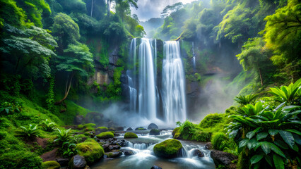 A majestic waterfall in the lush rainforest surrounded by vibrant greenery and mist , waterfall, rainforest, nature, tropical