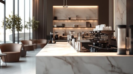 A coffee shop interior featuring marble countertops and sleek, modern furniture, creating a luxurious and stylish atmosphere.