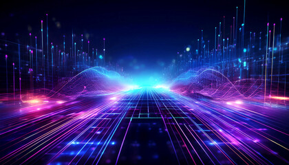 Futuristic Digital Landscape with Luminous Wireframes