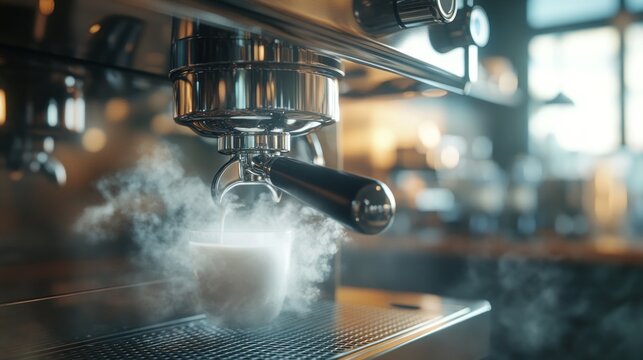 A close-up of a steaming milk frother in a sleek coffee shop, with soft afternoon light highlighting the frother's nozzle, creating a warm and inviting atmosphere.