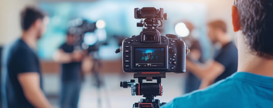 A professional camera captures a filmmaking scene, showcasing the creative process in a well-lit studio environment.
