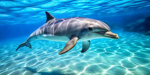 Obraz premium Dolphin gracefully swimming in clear blue water, dolphin, marine animal, aquatic, mammal, ocean, sea life