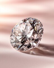 A stunning diamond with brilliant facets, reflecting light beautifully in a soft, elegant setting.