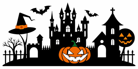 Halloween silhouette pumpkin, castle, etc. vector illustration silhouette on white background 