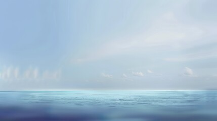 Abstract Blue Blurred Background with Light Sky Blue Color Gradient, Soft Clouds, and Calm Sea Water Texture. Bright Summer Day, Clear Sky, and Minimalistic Vector Illustration in a Realistic Photo St