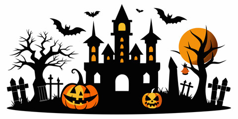 Halloween silhouette pumpkin, castle, etc. vector illustration silhouette on white background 