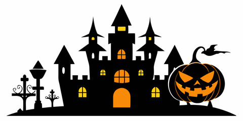 Halloween silhouette pumpkin, castle, etc. vector illustration silhouette on white background 