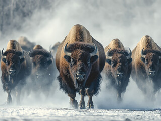 Herd of Majestic Bison Running Through Snowy Landscape