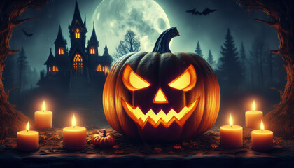 Halloween pumpkin head jack lantern and burning candles. Spooky forest, full moon and haunted castle