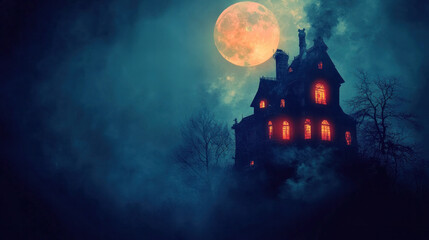 Halloween night with haunted house, bats, and full moon.