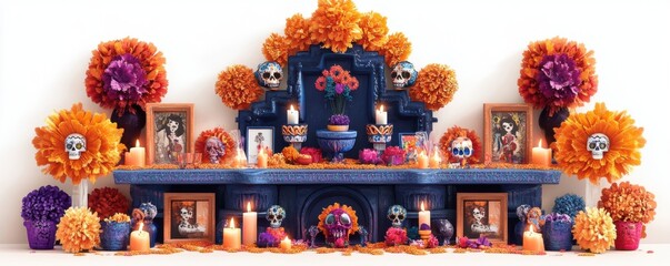 Day of the Dead Altar with Skulls  Flowers  and Candles