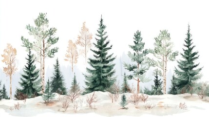 Obraz premium Scandinavian watercolor winter scene with birch, pine, and mountain ash trees.