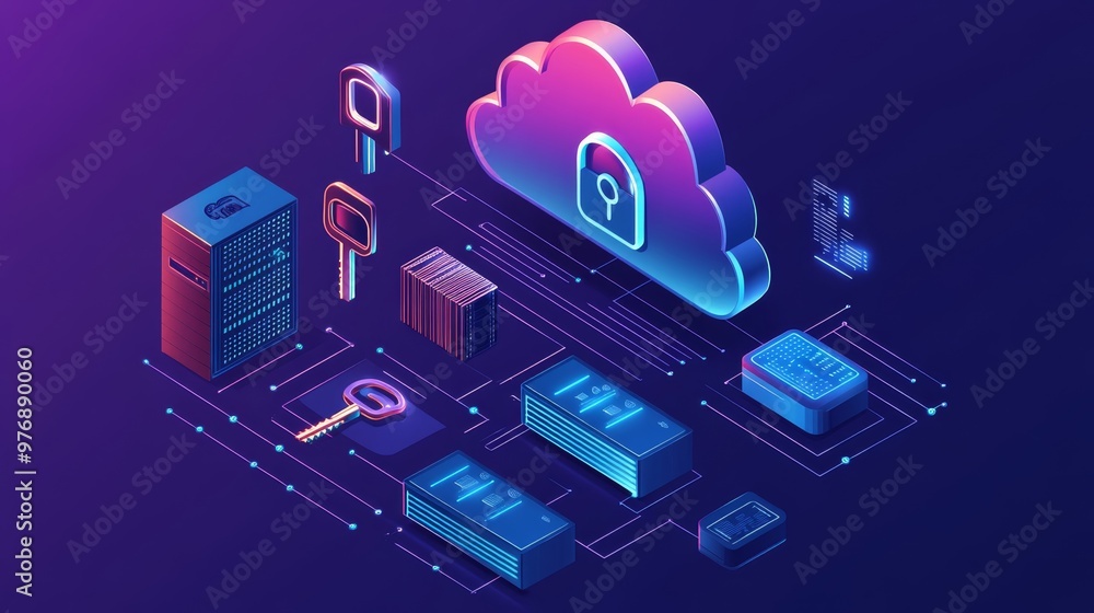 Wall mural secure cloud storage - modern tech isometric concept with data security lock and key