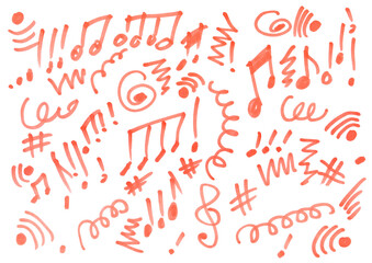 Hand draw musical notes, doodle red felt tip pen sketching isolated on white