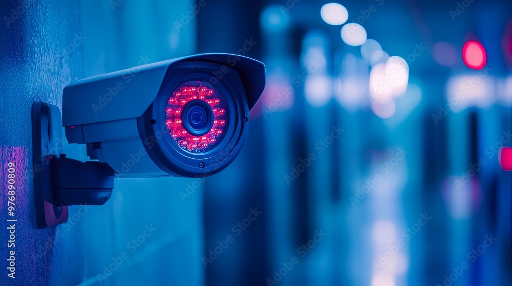 Poster a close-up of a surveillance camera with red led lights in a dimly lit corridor, emphasizing securit