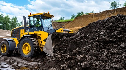 A yellow driven loader gathers heaps of dirt the road building field