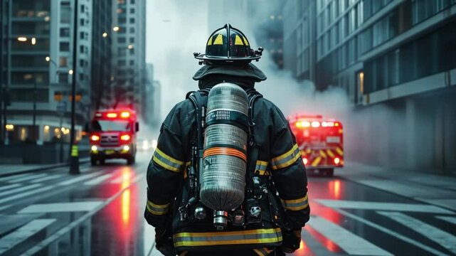 Urban Fireman in Action: Detailed Close-Up of Uniform from the Back with Cityscape Background