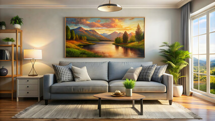 Cozy living room with a view featuring a comfortable sofa and a beautiful painting on the wall , cozy, living room