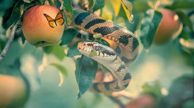 a snake hanging from a very beautiful apple treeseamless looping time-lapse virtual 4k video Animation Background.	