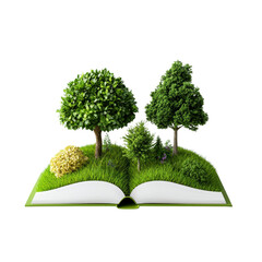 Open book with green trees and grass symbolizing knowledge and nature